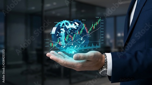 Innovative digital financial analysis concept with holographic trading charts held in a professional hand