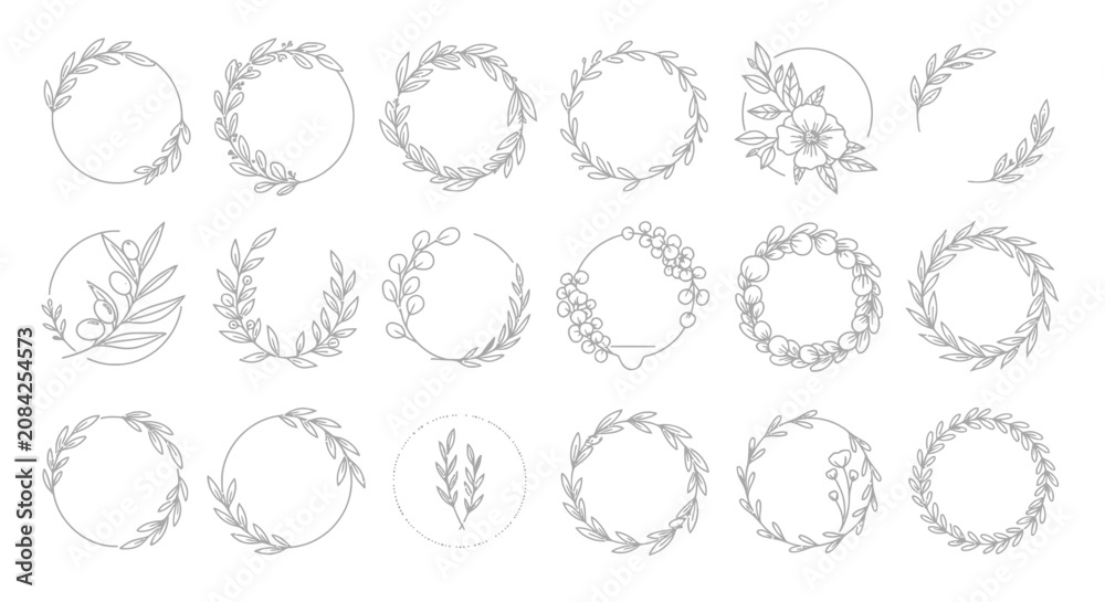 Fototapeta premium Minimalist floral wreath collection, 18 hand drawn botanical line art circles, elegant leaf frames and laurel borders for wedding stationery