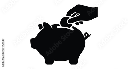 Black Silhouette Of Hand Depositing Coin Into Piggy Bank