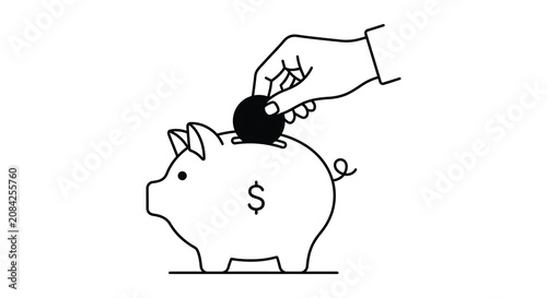 Obraz na płótnie Line art piggy bank with coin insertion white background