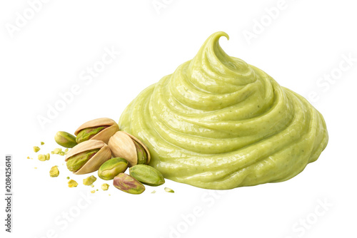 Pistachio cream with whole and shelled pistachio nuts isolated on transparent background.
