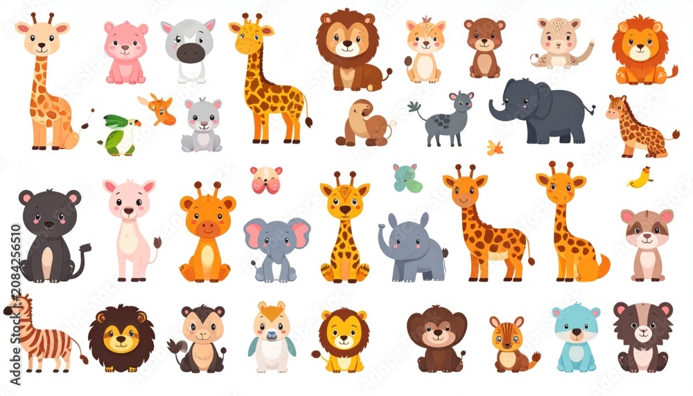 Obraz premium A collection of numerous cartoon animals, including giraffes, lions, bears, and elephants