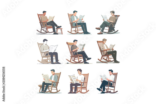 Men Reading Newspaper in Wooden Rocking Chair Flat Vector Set, Relaxed Home Lifestyle, Morning Routine, Daily News and Leisure Character Illustration Collection Isolated on White Background