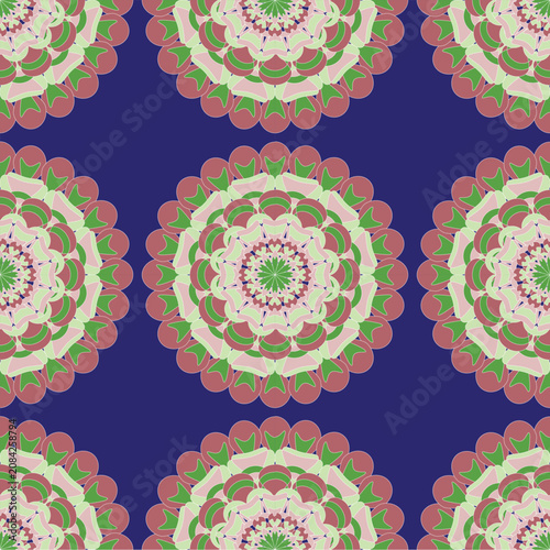 Elegant seamless mandala pattern featuring soft pink, green, and cream floral motifs on a royal blue background. Perfect for textiles, gift wrap, wallpaper, apparel, and home décor.
