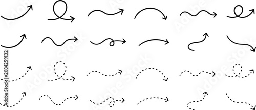 Dashed curved arrow icon set. Directional pointers and flow symbols with dotted line paths, curved movement arrows, and arch design elements. Vector illustration.eps
