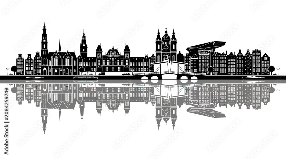 Obraz premium Amsterdam Skyline Silhouette Reflection Black and White Vector Art