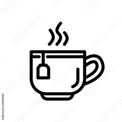 Minimal flat line tea icon featuring a modern teacup with tea bag and steam using clean rounded monoline strokes. Ideal for beverage apps, menus, branding, websites, UI, and vector projects.