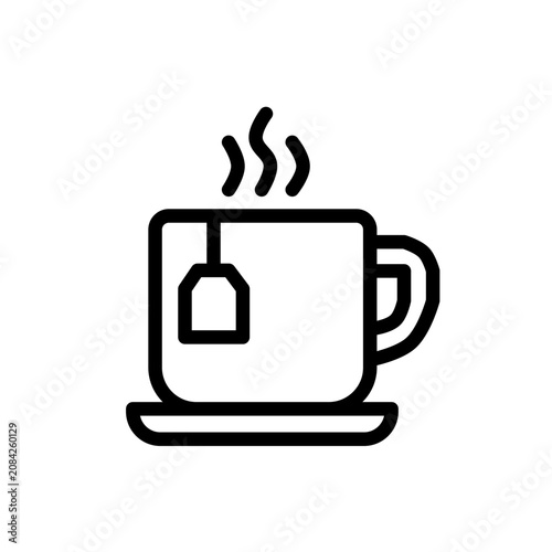 Minimal flat line tea icon featuring a modern teacup with tea bag and steam using clean rounded monoline strokes. Ideal for beverage apps, menus, branding, websites, UI, and vector projects.