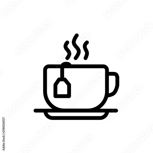 Minimal flat line tea icon featuring a modern teacup with tea bag and steam using clean rounded monoline strokes. Ideal for beverage apps, menus, branding, websites, UI, and vector projects.