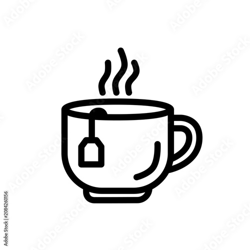 Minimal flat line tea icon featuring a modern teacup with tea bag and steam using clean rounded monoline strokes. Ideal for beverage apps, menus, branding, websites, UI, and vector projects.