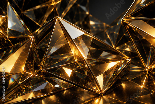 Abstract Golden Crystal Formation with Faceted Geometric Shapes