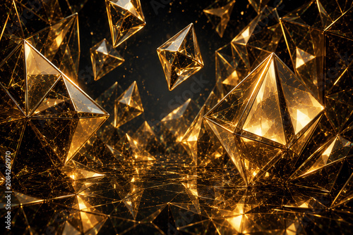 Floating Golden Crystals in a Futuristic Geometric World