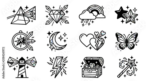 A collection of twelve decorative crystal and gemstone themed icons on a white background
