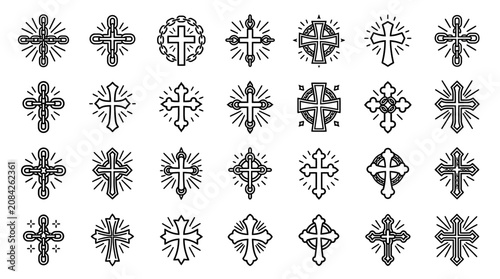 Obraz na plátně Collection of Christian Cross Icons, Religious Symbols, Line Art Design