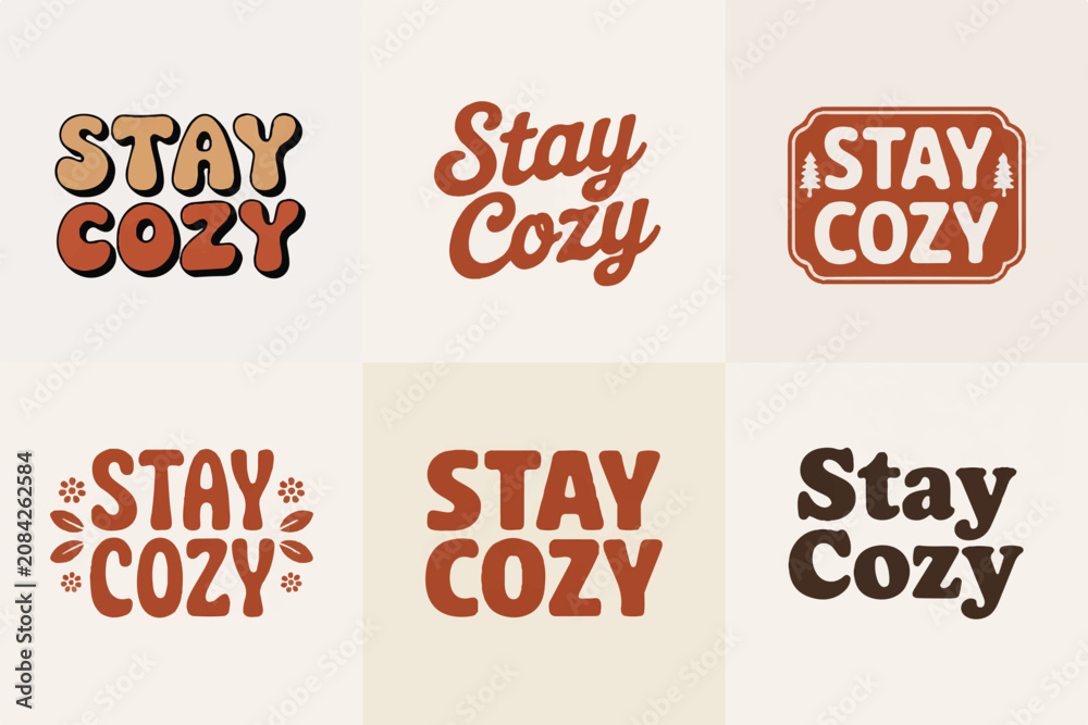 Fototapeta premium Stay cozy lettering collection featuring cursive and sans serif fonts with autumn floral and woodland motifs for rustic decor.