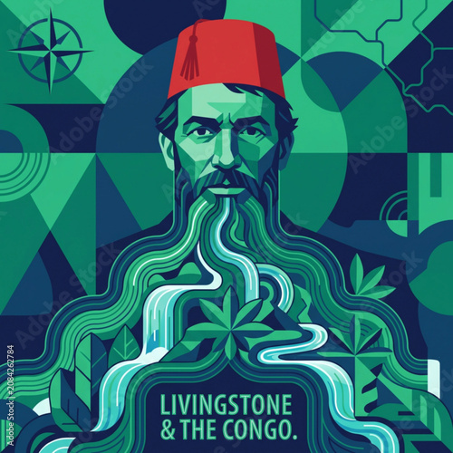 A stylized portrait of Livingstone with a red fez cap. His beard is stylized into flowing contour lines that transform into the cascading waterfalls of the Congo
