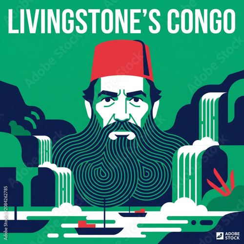 Graphic illustration of Livingstone's Congo with waterfalls and boats, vibrant colors