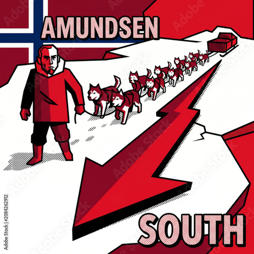 Bold, pop-art style vector illustration. Amundsen leading a line of sled dogs that transform into a geometric arrow pointing south