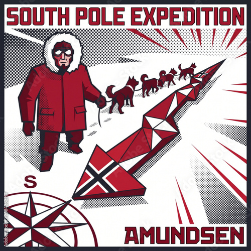 Amundsen South Pole Expedition in retro style with dogs and compass