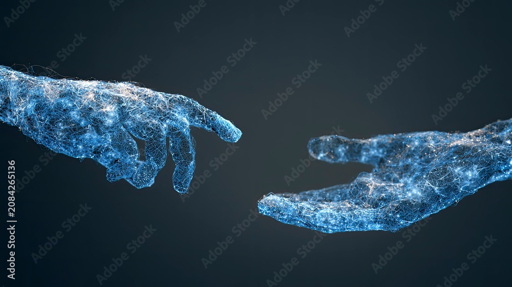 Naklejka premium Digital Representation of Hands Reaching Out with Blue Particle Effects in Dark Background
