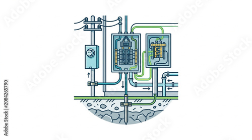Photos Electrical panel and grounding rod system illustration.