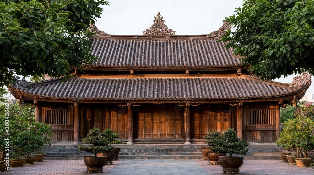 Fototapeta premium Traditional Asian wooden temple with tiered roof surrounded by greenery and potted plants
