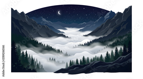 Stunning vector illustration of a misty mountain valley landscape under a starry night sky.