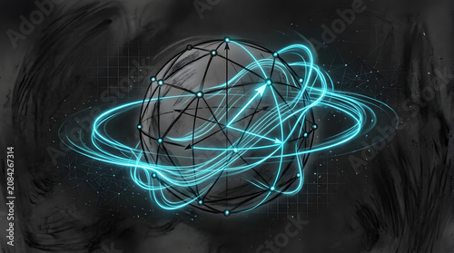 Geometric Qubit Sphere Wave Lines in charcoal sketch and digital painting style, representing quantum computing supremacy, qubits, superposition wave lines, and advanced cryptography.