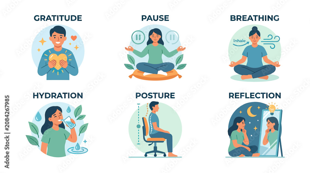 Fototapeta premium Mindfulness and Self-Care Routine: Gratitude, Pause, Breathing, Hydration, Posture, Reflection