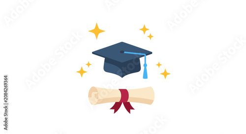 A flat vector illustration of a graduation cap and a rolled diploma with decorative stars