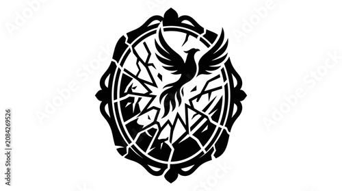 Quadro su tela Phoenix Rises From Shattered Mirror Frame - Symbol of Rebirth and Resilience