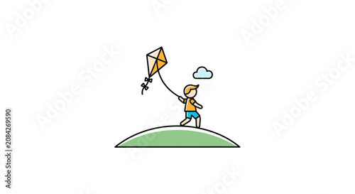 A stylized illustration of a young child flying a kite on a grassy hill