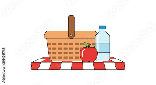 A simple illustration of a picnic basket with an apple and water