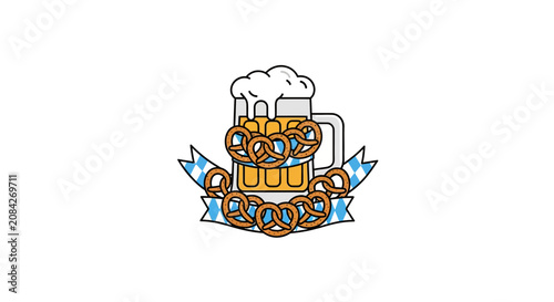A festive illustration featuring a frothy glass of golden beverage and salty baked snacks