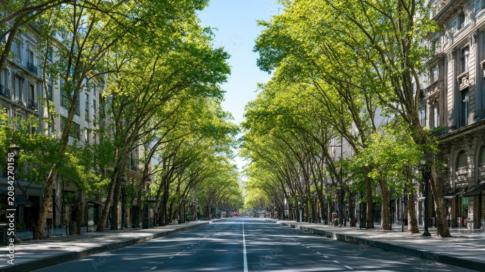 Fototapeta premium Quiet Tree-Lined Urban Street with Historic Buildings and Clear Sky