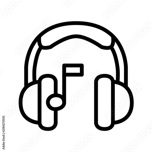 Premium flat line music icon featuring modern headphones with an integrated musical note, designed using clean rounded monoline strokes and balanced geometry for UI, apps, branding, and vector graphic