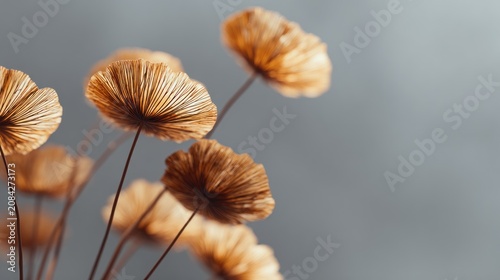 Close-up of dried ginkgo leaves with a soft grey background emphasizing texture and warm tones