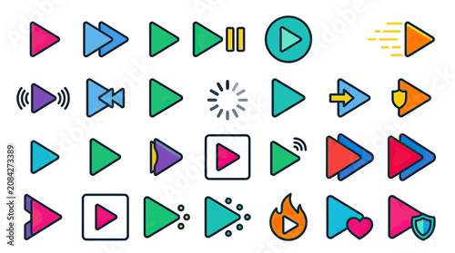 Collection of Play Button Icons and Multimedia Symbols, Video Controls