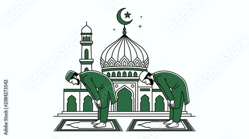Schilderij op canvas Two Muslim Men Praying Rakat in Front of a Mosque