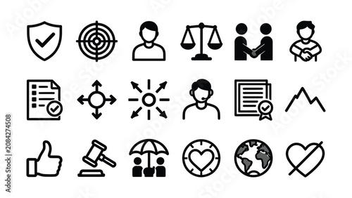 Collection of diverse flat icons representing legal business and social concepts