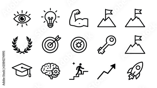 Set of minimalist line icons representing success achievement and personal development concepts