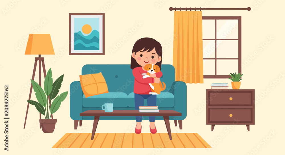 Fototapeta premium A young girl lovingly hugs her small puppy while sitting on the floor in a cozy living room with a sofa and table