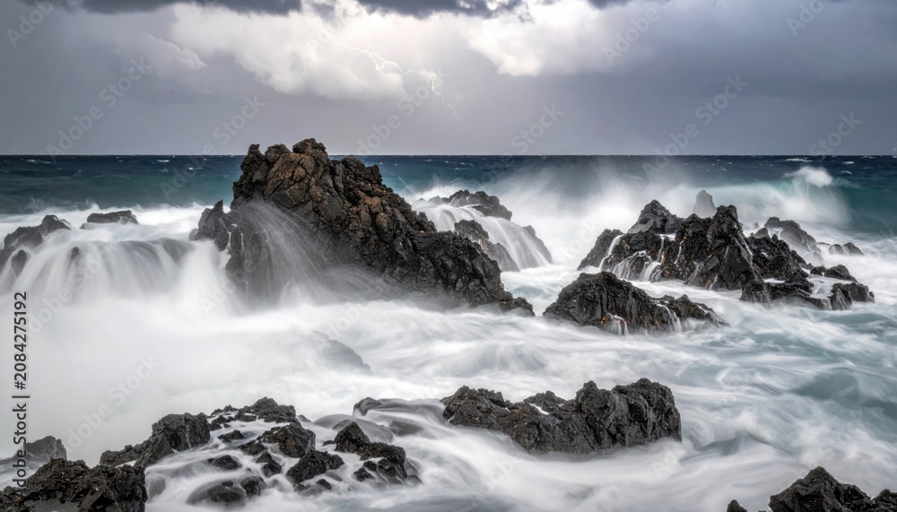 Fototapeta premium Powerful ocean waves crashing against dark rugged rocks under a stormy sky