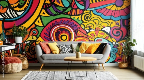Living room interior with colorful mural and sofa