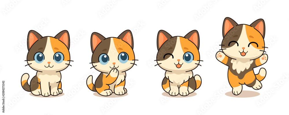 Obraz premium Cute calico kitten character set vector template featuring little cat illustrations in various expressive poses isolated on white background.