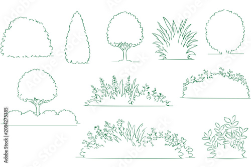Minimalist garden tree and shrub line art collection, 9 architectural plant icons in green outline, landscape design vector elements for site plans