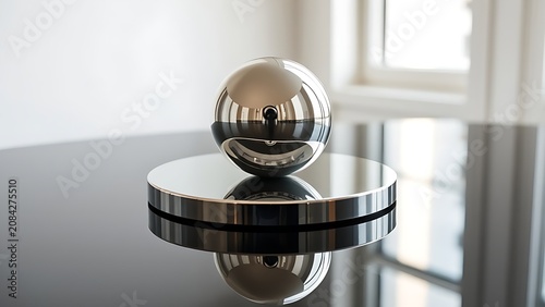 A silver mirror reflecting an object with perfect clarity on a minimalist background.