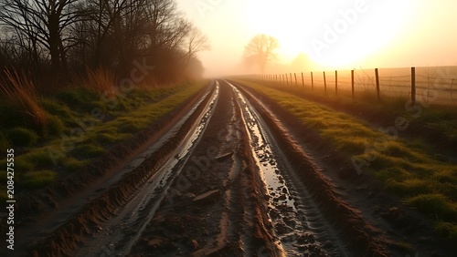 Deep muddy ruts on a country path at golden hour, leading into mist.