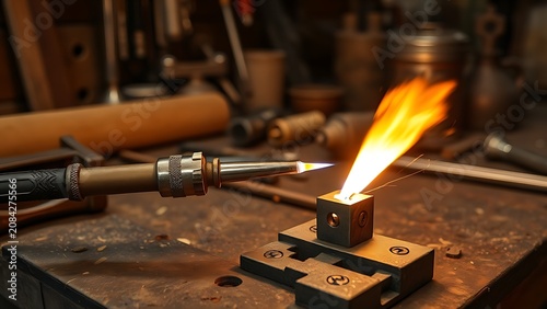 Craftsman's workbench with a brazing torch fusing two metal parts.