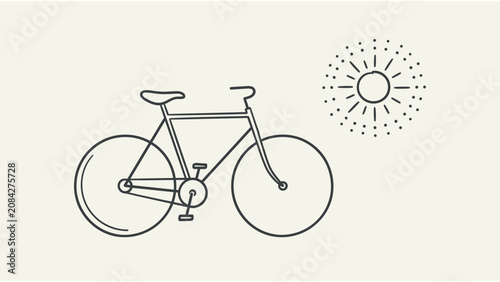 Minimalist bicycle and sun vector illustration in line art style for outdoor recreation and active lifestyle design